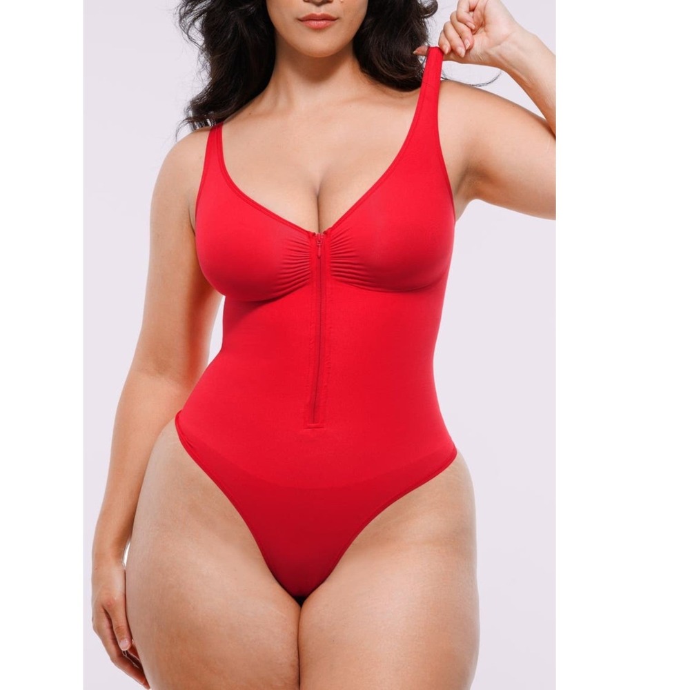 Shapellx Red Zip Front Ruched Bust Thong Bodysuit Sleeveless Snap Closure Red M